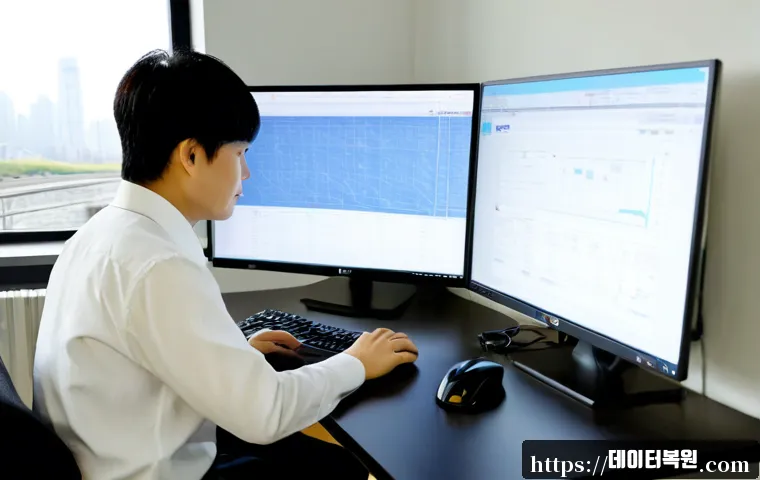 마포구 STATUS_PRIVILEGED_INSTRUCTION - Photorealistic remote IT support workstation in a modern Mapo-gu apartment office, dual monitors sho...