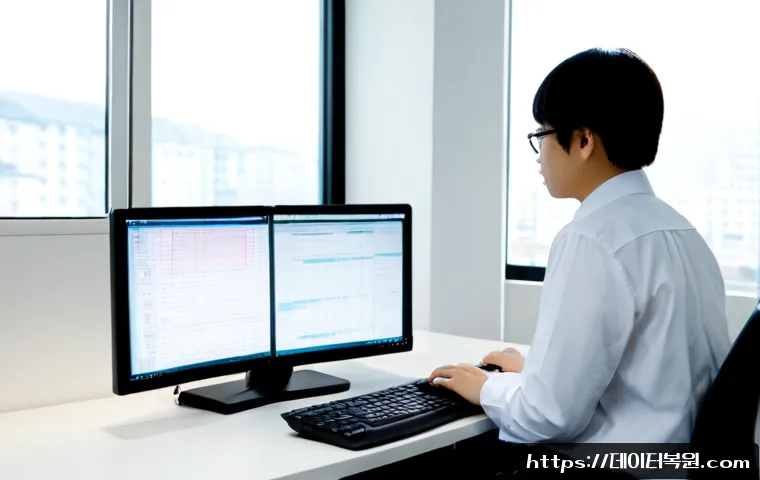 도렴동 STATUS_KERNEL_MEMORY_LEAK - Photorealistic IT support workstation in a modern Doryeom-dong office, dual monitors showing abstrac...