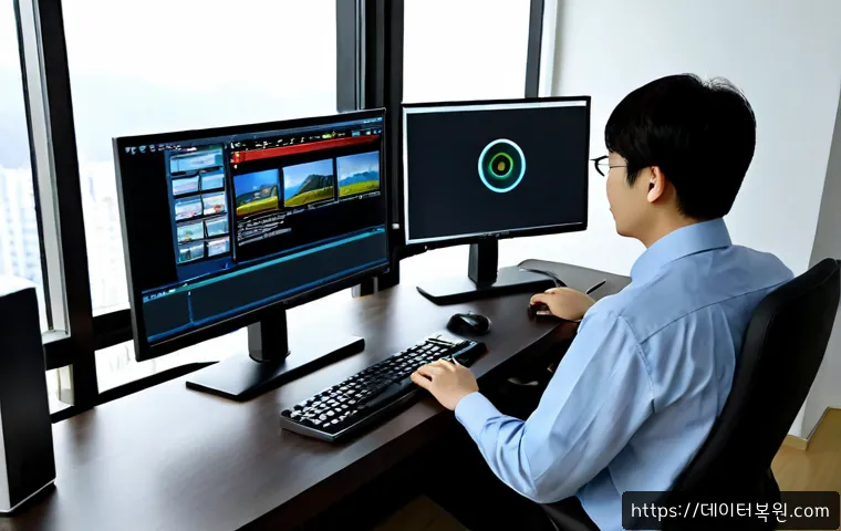 냉천동 STATUS_DEVICE_OFFLINE - Photorealistic remote support workstation in a compact hillside apartment office, dual monitors show...
