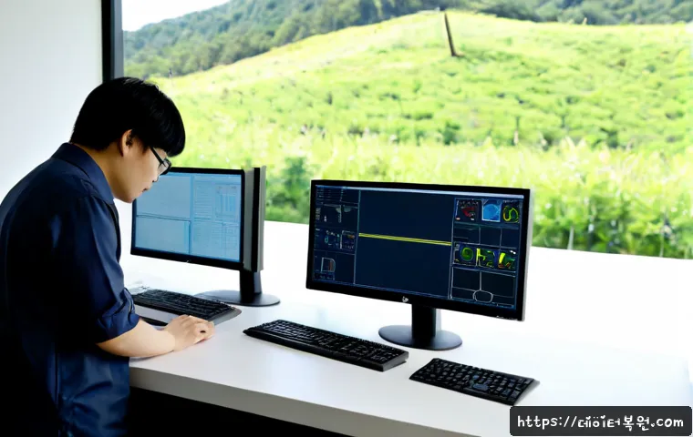 내곡동 STATUS_INVALID_THREAD - Photorealistic IT support workstation in a modern office near quiet wooded foothills, technician exa...