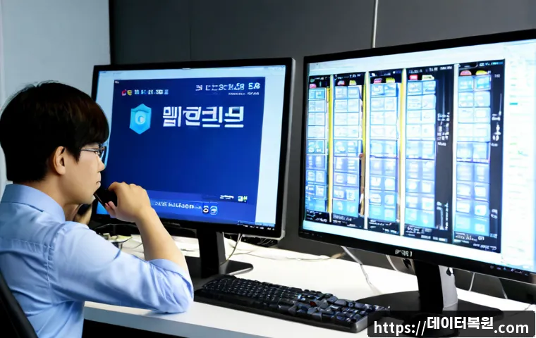 현석동 BAD_POOL_CALLER - Photorealistic IT support workstation in a compact riverside Seoul office, dual monitors showing a g...