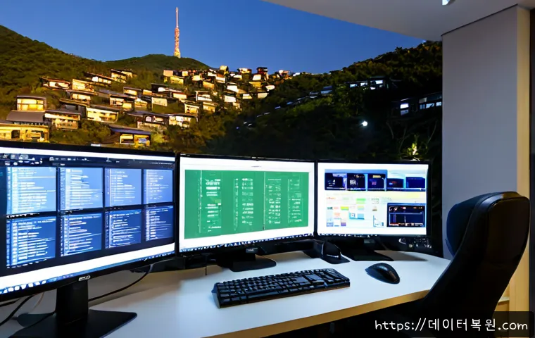 이태원 STATUS_KERNEL_MODULE_CORRUPTION - Photorealistic IT support workstation in a compact Itaewon apartment office, dual monitors showing a...