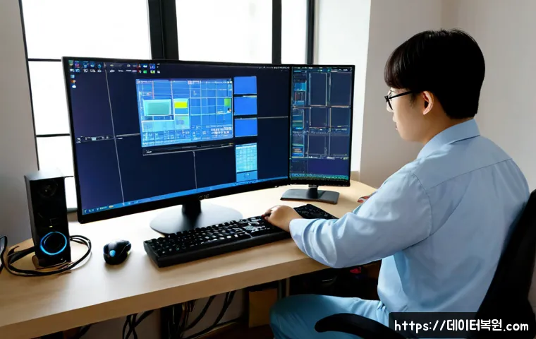 산황동 STATUS_IMAGE_CORRUPTION - Photorealistic remote IT support workstation in a quiet Korean residential district apartment, dual ...
