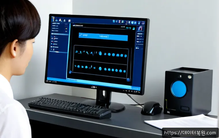 영천동 FAT32_FILE_SYSTEM - Photorealistic IT support workstation in a compact Yeongcheon-dong office, desktop monitor showing a...