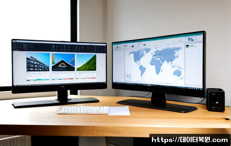 사간동 STATUS_PROTECTION_ERROR - Photorealistic desktop workstation in a quiet Sagandong creative studio, dual monitors showing a gen...