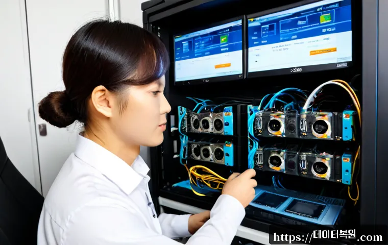 개봉동 server출장방문수리점 - Photorealistic on-site server repair inside a compact Gaebong-dong office, technician diagnosing a r...