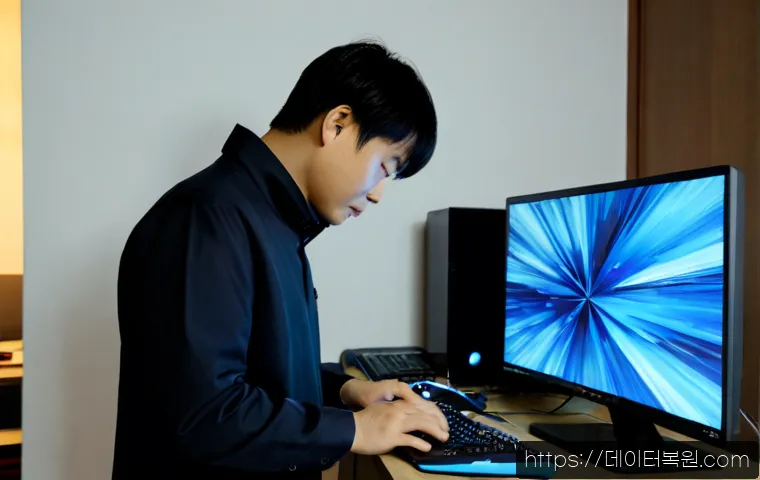 송정동 VIDEO_TDR_FAILURE - Photorealistic remote-support workstation in Songjeong-dong, a desktop monitor frozen with an abstra...
