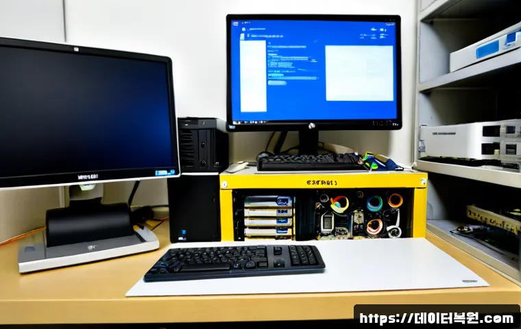 황학동 BOOTMGR is Compressed - Photorealistic computer repair workstation in a compact Seoul electronics-market back room, desktop ...