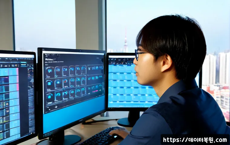 노온사동 STATUS_KERNEL_MEMORY_LEAK - Photorealistic IT support workstation in a modern Nowon office, dual monitors showing abstract memor...