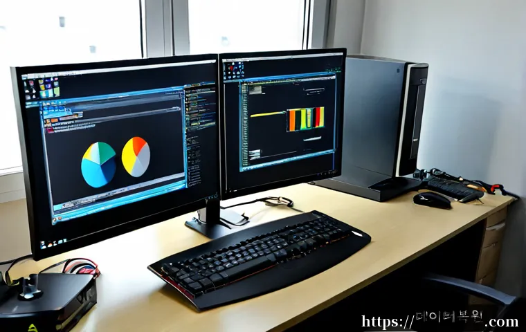 청량리동 DRIVER_CAUSED_SYSTEM_CRASH - Photorealistic IT support workstation in a compact Cheongnyangni-dong office, dual monitors showing ...