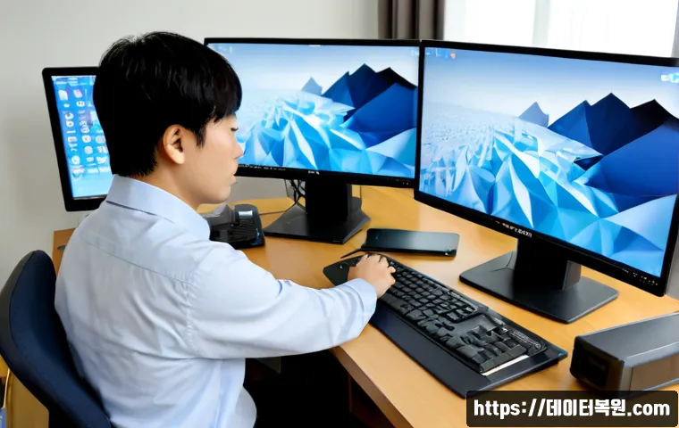 강동구 STATUS_ACCESS_VIOLATION - Photorealistic remote-support workstation in Gangdong-gu, Seoul, an IT specialist examining a deskto...