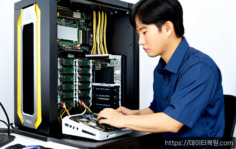 원지동 VGA조립 및 교체수리 - Photorealistic computer repair bench in a Wonji-dong style small office workshop, technician careful...