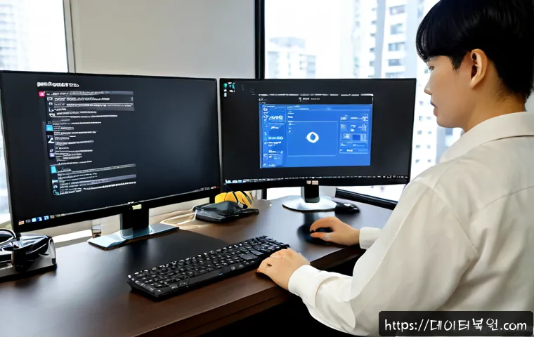 월계동 STATUS_KERNEL_PERMISSION_DENIED - Photorealistic IT support workstation in a compact Wolgye-dong apartment office, dual monitors showi...