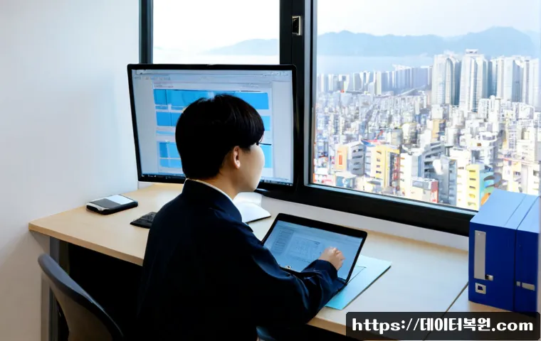 이문동 CDFS_FILE_SYSTEM - Photorealistic remote-support workstation in a compact apartment office near Imun-dong, dual monitor...