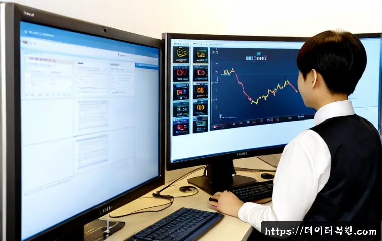 공평동 STATUS_PAGE_FAULT - Photorealistic IT support workstation in a compact downtown office, dual monitors displaying a clean...