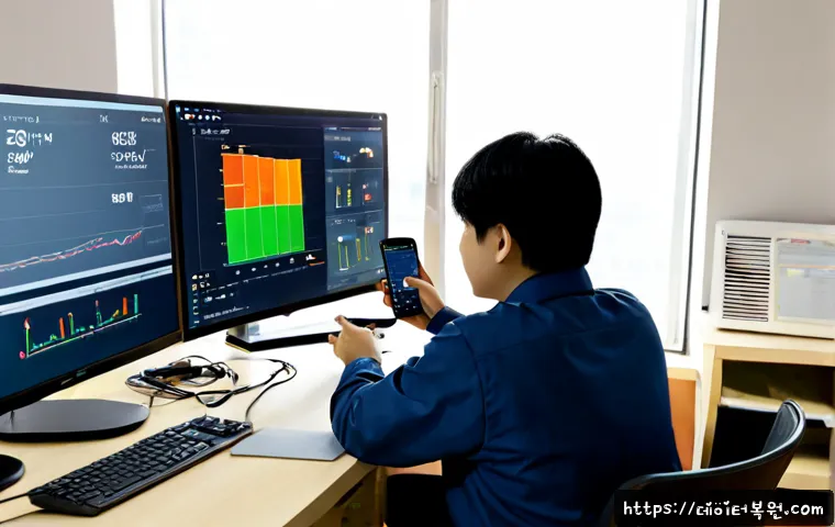 벽제동 신호없음 - Photorealistic remote support workstation in a quiet suburban Korean apartment, technician examining...