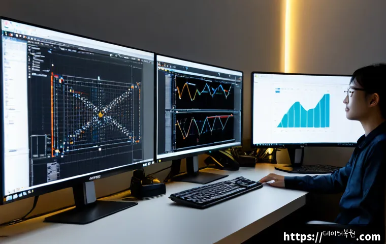 장지동 STATUS_FLOAT_UNDERFLOW - Photorealistic software engineer workstation in Jangji-dong, Seoul, dual monitors displaying a minim...