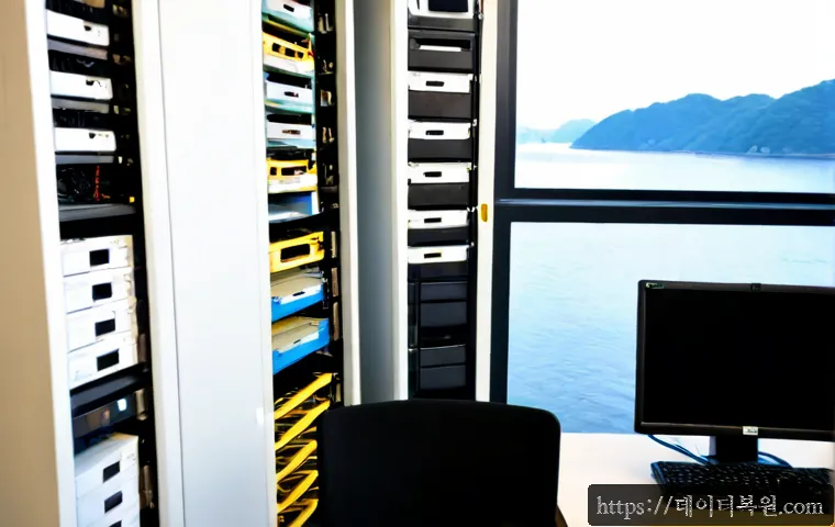 서빙고동 파일서버출장방문수리점 - Photorealistic onsite file server repair in a compact Seobinggo-dong office, technician connecting a...