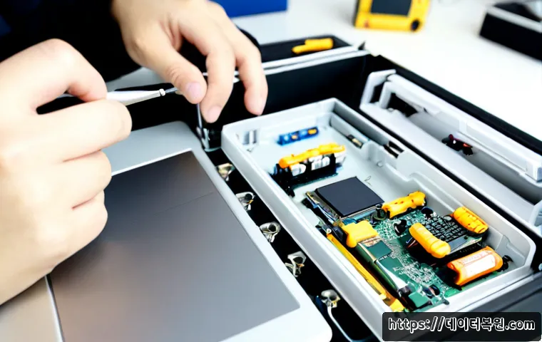 용산동 맥북에어 판매 및 수리 - Photorealistic interior of a compact Yongsan-dong laptop repair studio, technician carefully replaci...