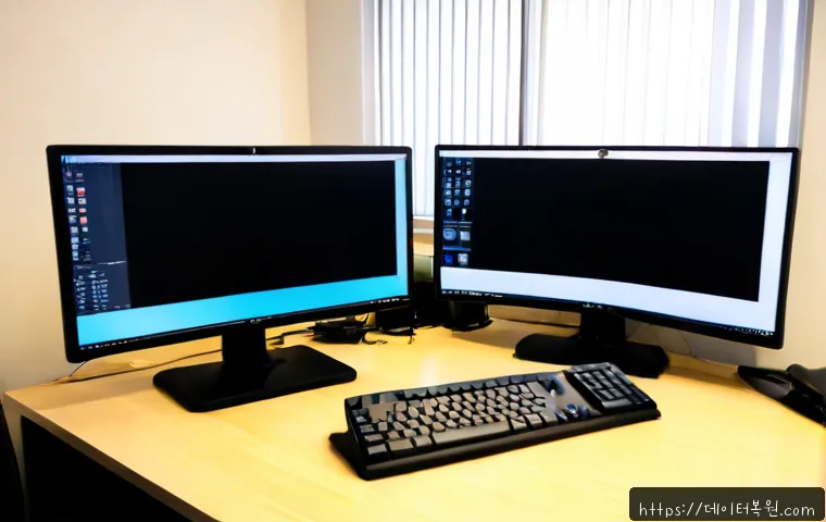 월곡동 CRITICAL_OBJECT_TERMINATION - Photorealistic IT support workstation in a compact Wolgok-dong apartment office, dual monitors showi...