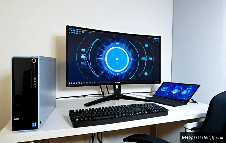 녹번동 STATUS_KERNEL_THREAD_TIMEOUT - Photorealistic IT support workstation in a compact apartment near a quiet hillside neighborhood, dua...