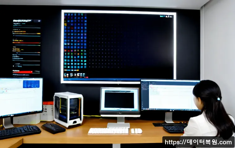 마장동 STATUS_ACCESS_VIOLATION - Photorealistic IT support workstation in Majeong-dong, Seoul, dual monitors showing a blank crashed ...