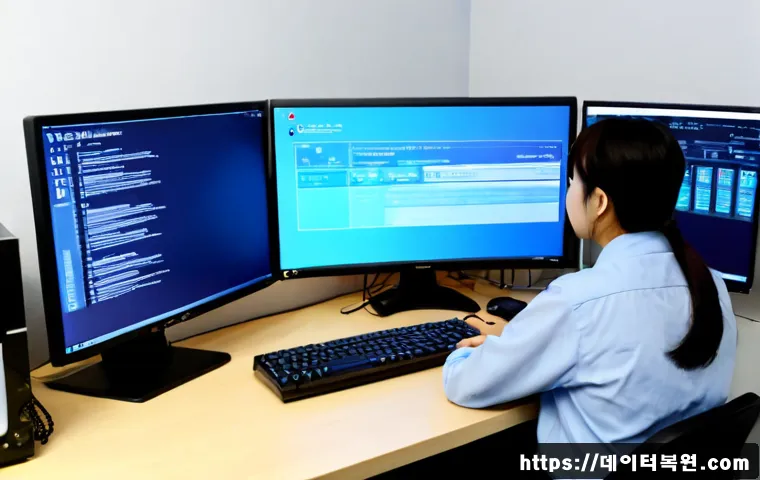 중앙동 NTFS_FILE_SYSTEM - Photorealistic IT support workstation in a compact Central-dong office, dual monitors showing a non-...