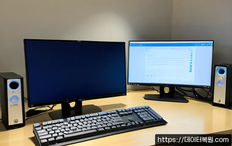 면목동 STATUS_KERNEL_BOOT_FAILURE - Photorealistic IT support workstation in a compact Myeonmok-dong apartment office, dual monitors sho...