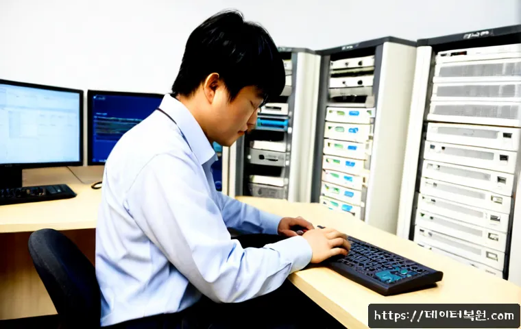 당주동 ftp서버출장방문수리점 - Photorealistic onsite FTP server repair in a compact Dangju-dong office, technician diagnosing a rac...