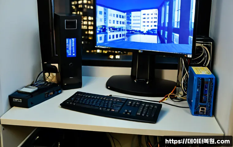 구의동 KERNEL_STACK_INPAGE_ERROR - Photorealistic IT support workstation in a compact Guui-dong apartment office, desktop monitor showi...