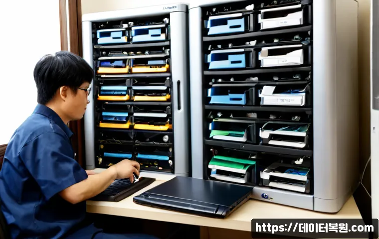 응암동 NAS출장방문수리점 - Photorealistic NAS technician performing an on-site repair in a compact Eungam-dong apartment home o...