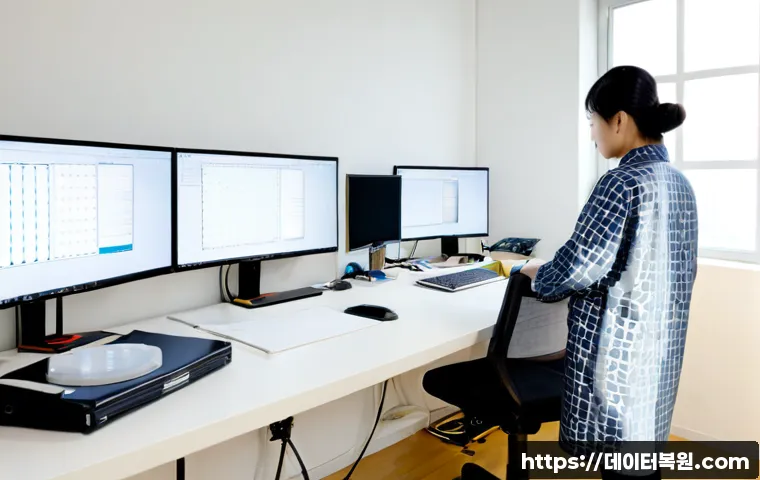 동대문 STATUS_SYSTEM_PROCESS_TERMINATED - Photorealistic IT support workstation in a compact Dongdaemun fashion studio, dual monitors showing ...