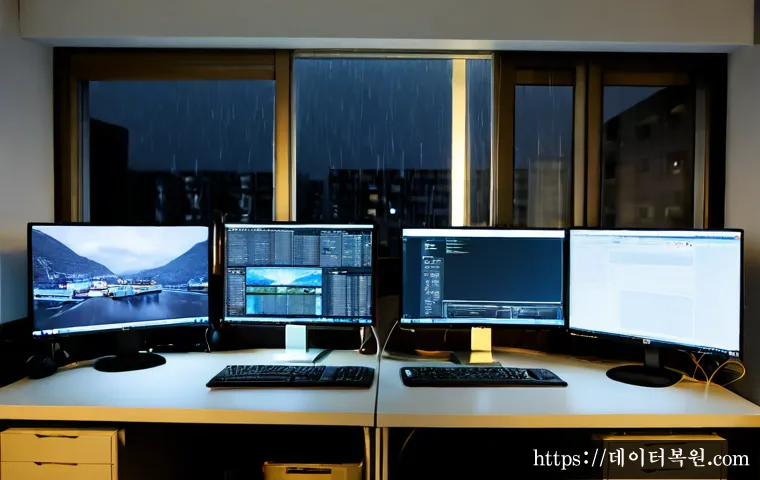 공덕동 STATUS_INSTRUCTION_FAILED - Photorealistic IT support workstation in a compact Gongdeok-dong office, dual monitors showing abstr...