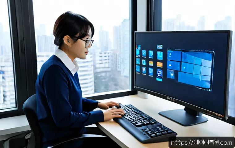 지영동 STATUS_KERNEL_DEBUG_FAILURE - Photorealistic IT support workstation in a compact modern office, dual monitors showing a nonverbal ...