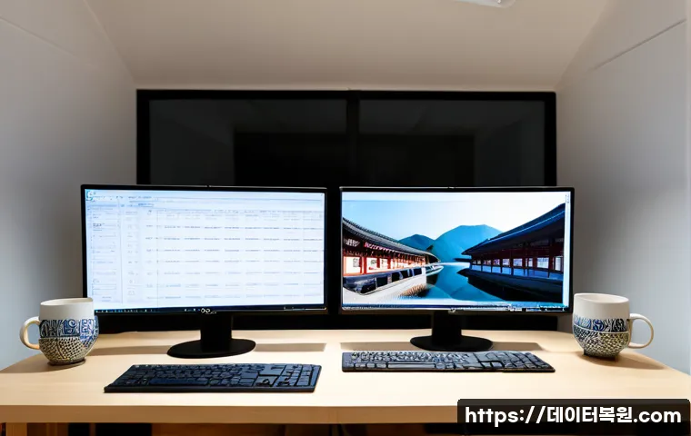 삼청동 STATUS_IMAGE_CHECKSUM_MISMATCH - Photorealistic IT support workstation in a quiet Samcheong-dong studio, dual monitors showing abstra...
