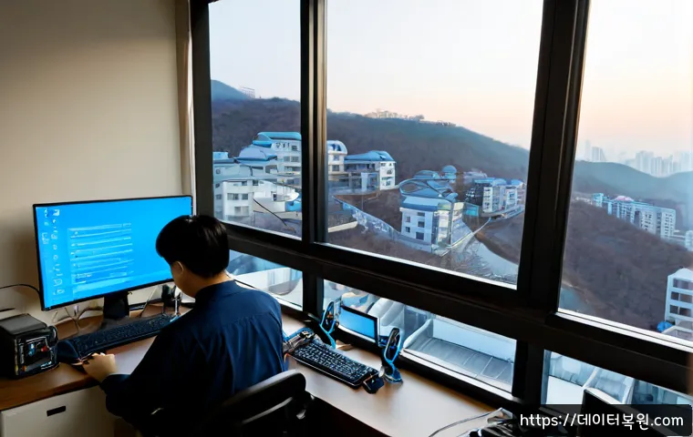 삼선동 DRIVER_VERIFIER_DETECTED_VIOLATION - Photorealistic IT support workstation in a compact Samseon-dong hillside apartment office, dual moni...
