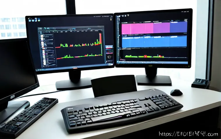 연건동 BAD_SYSTEM_CONFIG_INFO - Photorealistic remote IT support workstation in Yeongeon-dong, dual monitors showing a clean abstrac...