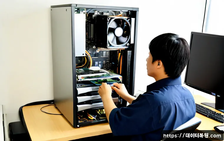 홍파동 하드조립 및 교체수리 - Photorealistic computer repair workstation in a compact Hongpa-dong apartment office, technician ins...