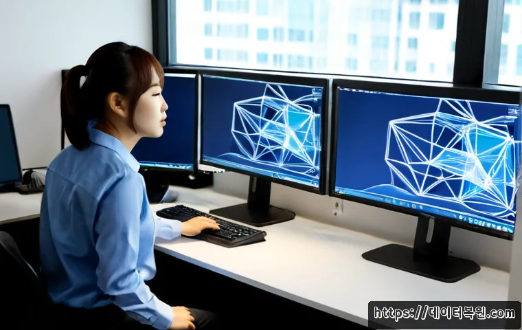 명동 INVALID_KERNEL_HANDLE - Photorealistic IT support workstation in a compact Myeongdong office, dual monitors showing abstract...