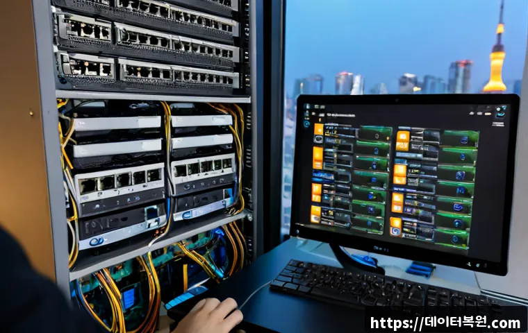 동작구 네트워크구축 설정 및 세팅오류해결 - Photorealistic IT technician configuring a compact network rack in a modern Dongjak-gu office, ether...