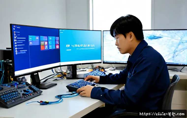 한강로 STATUS_KERNEL_EXECUTION_ERROR - Photorealistic workstation in a modern Yongsan electronics repair studio near the Han River, dual mo...