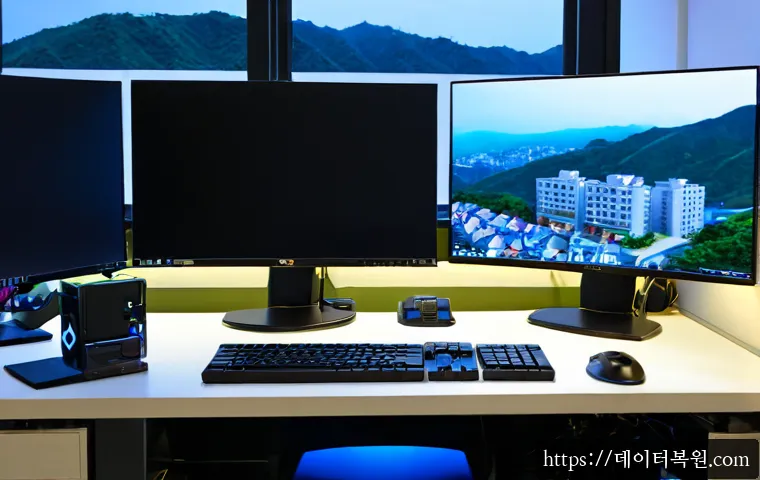 상도동 CLOCK_WATCHDOG_TIMEOUT - Photorealistic IT support workstation in a compact Sangdo-dong apartment office, dual monitors showi...