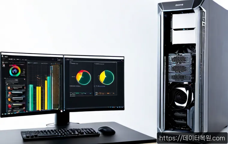 서린동 오버클럭 뚜따 - Photorealistic remote PC support workstation in a compact Seorin-dong office, open high-end desktop ...