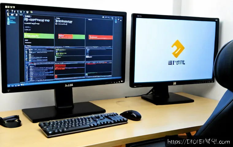 천연동 UNMOUNTABLE_BOOT_VOLUME - Photorealistic IT support workstation in a compact hillside neighborhood office, desktop monitor sho...