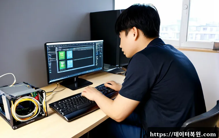 휘경동 자동복구 - Photorealistic IT support workstation in a compact apartment office near a quiet university neighbor...