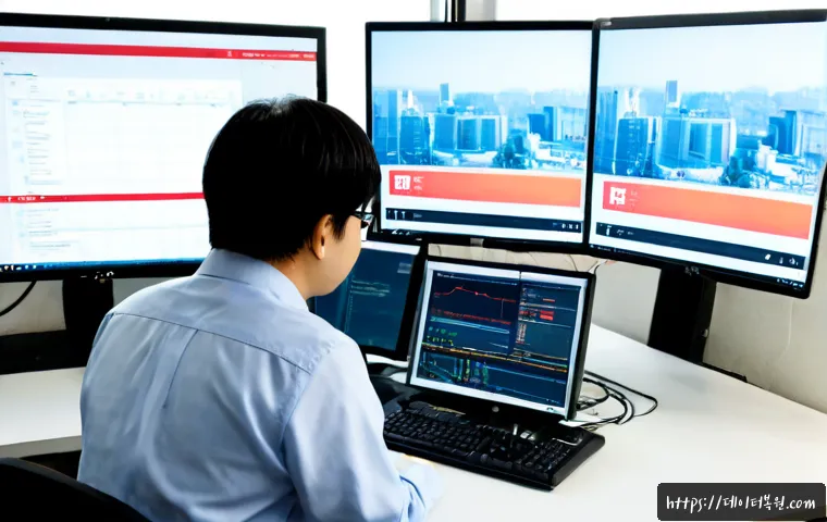 주교동 SYSTEM_LICENSE_VIOLATION - Photorealistic IT support workstation in a compact Jukgyo-dong office, dual monitors showing a clean...