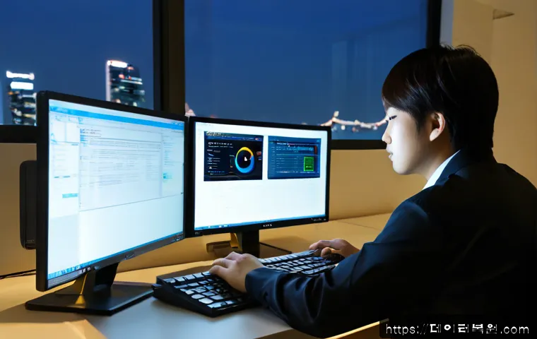 중구 STATUS_ILLEGAL_INSTRUCTION - Photorealistic IT support workstation in Jung-gu, Seoul, dual monitors showing a clean abstract soft...
