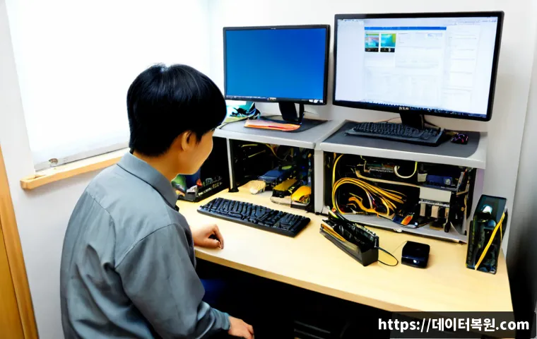충현동 부팅불가 - Photorealistic computer repair desk in a compact Chungcheong-dong style office, desktop tower opened...