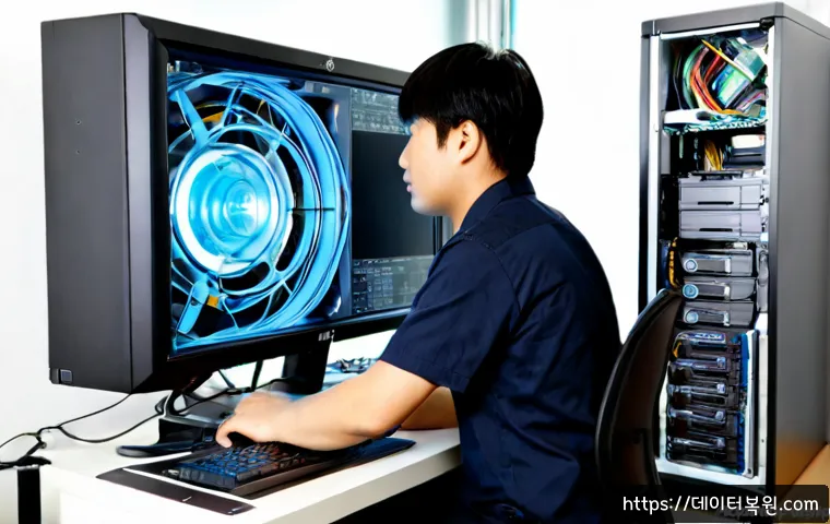 가산동 워크스테이션출장방문수리점 - Photorealistic IT technician repairing a powerful desktop workstation inside a compact Gasan-dong of...