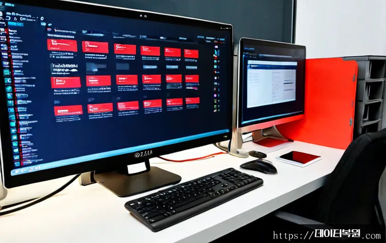 일직동 STATUS_FILE_READ_FAILURE - Photorealistic IT support workstation in a modern Gwangmyeong business-office interior, dual monitor...